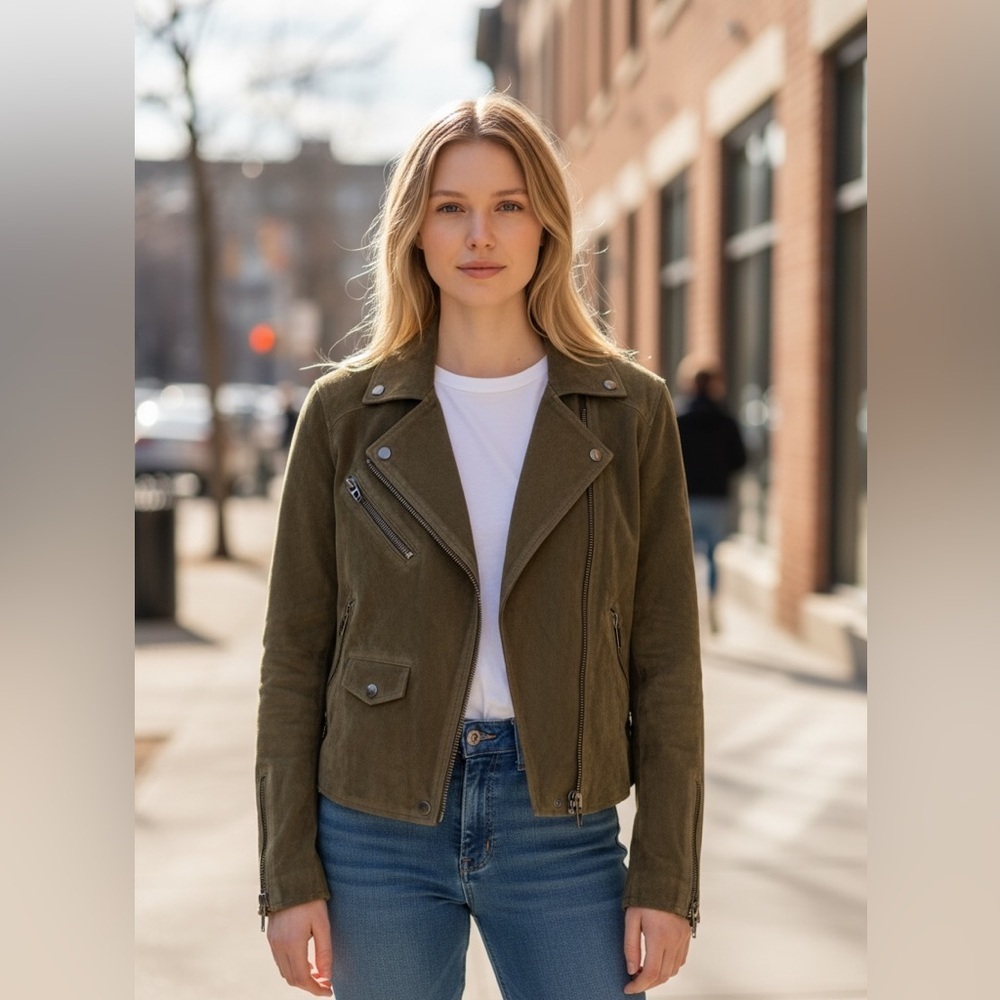 Blank NYC Olive Leather Jacket, effortless Street style, Layering - Size S